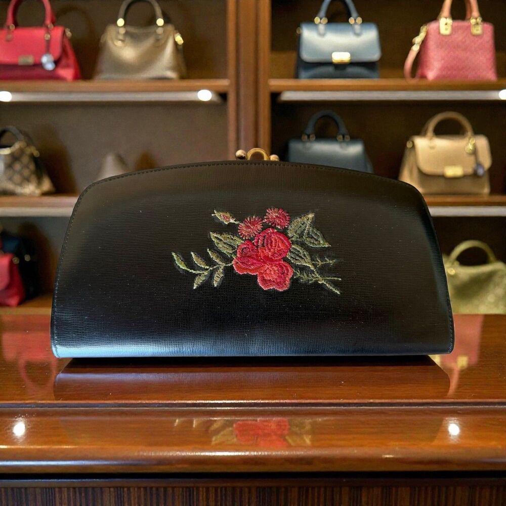 Vintage Mid Century 1950’s Baronet Double Clasp Black Clutch Poppy Rose Wallet